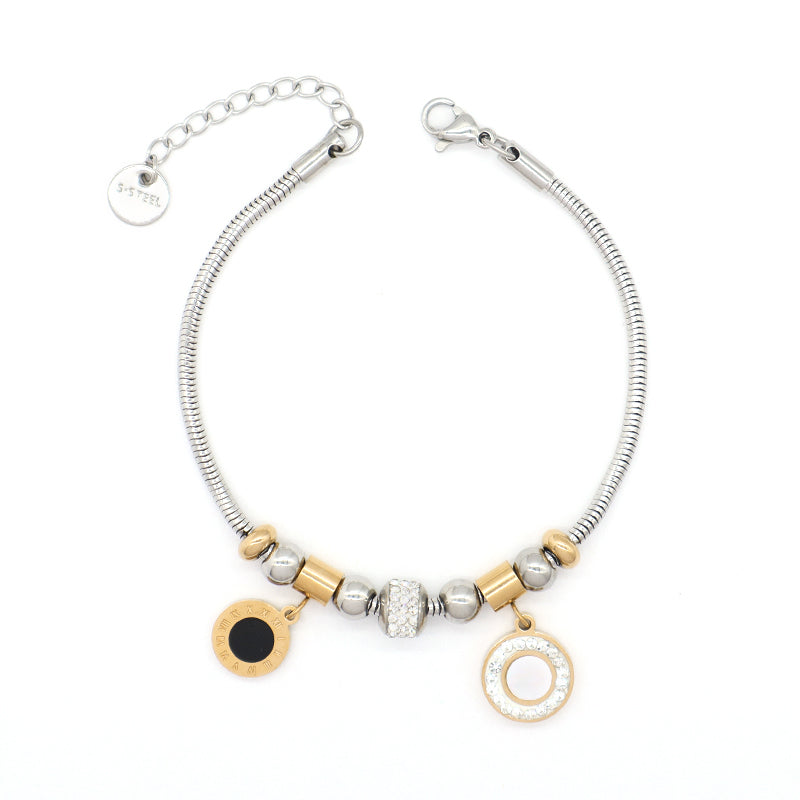 Wholesale Roman Numerals Charm Bangle Manufacture Custom New Fashion Jewelry China Factory Ajustable CZ Gold Plated Rose Gold Stainless Steel Round Roman Numerals Bracelet For Women