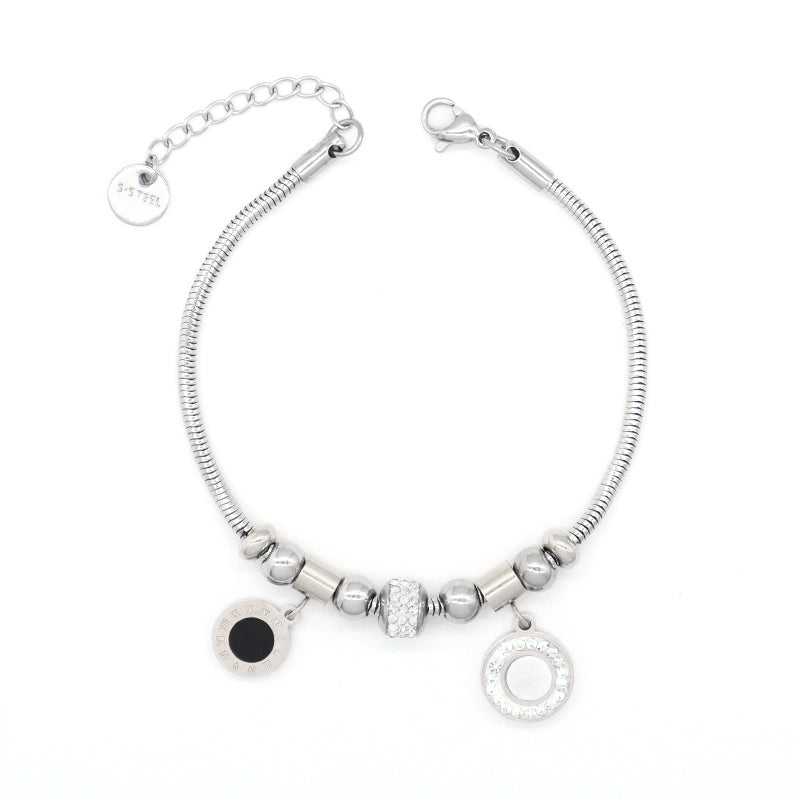 Wholesale Roman Numerals Charm Bangle Manufacture Custom New Fashion Jewelry China Factory Ajustable CZ Gold Plated Rose Gold Stainless Steel Round Roman Numerals Bracelet For Women