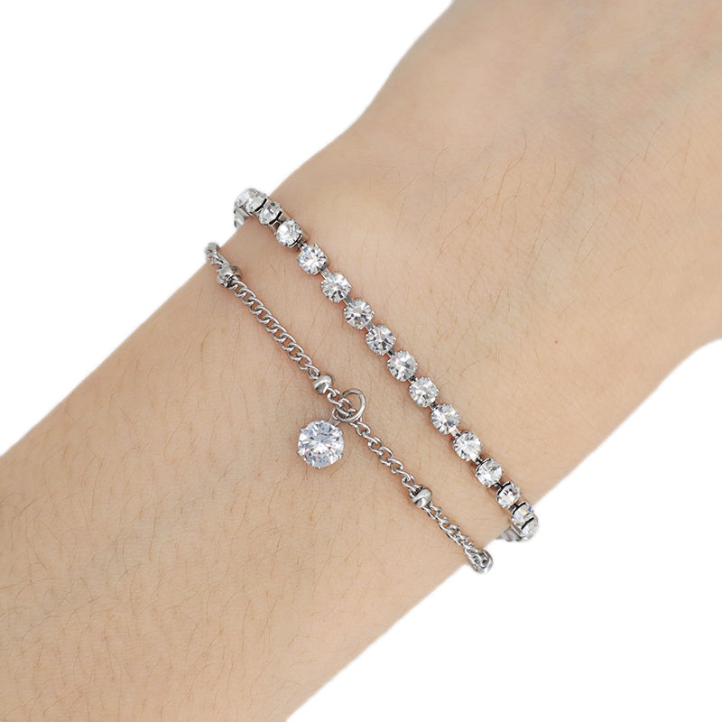 Double Layer China Factory Manufacture Fashion Wholesale Custom Jewelry Stainless Steel No Tarnish CZ Charm Ajustable Bracelet Bangle For Women Gift