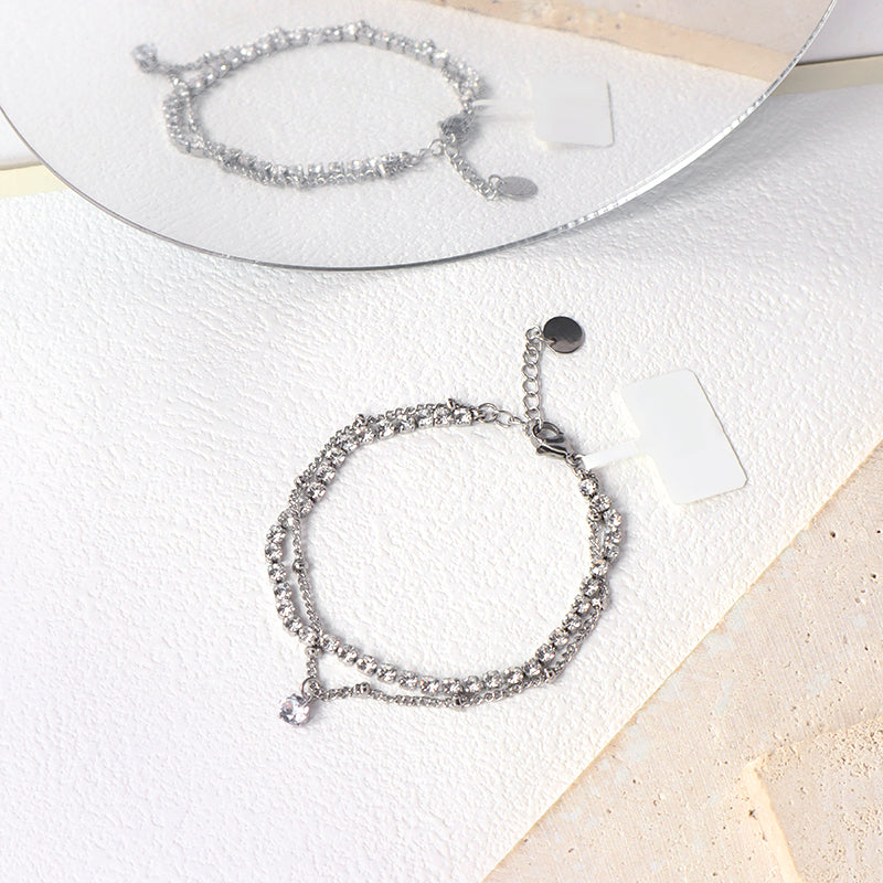 Double Layer China Factory Manufacture Fashion Wholesale Custom Jewelry Stainless Steel No Tarnish CZ Charm Ajustable Bracelet Bangle For Women Gift