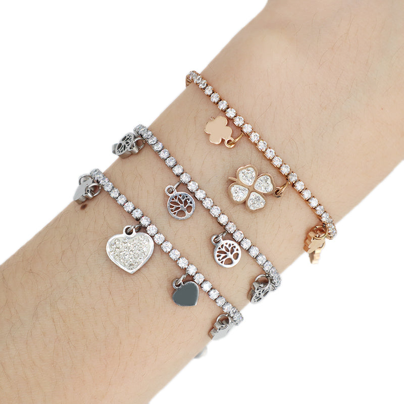 Fashion Manufacture Wholesale China Factory Custom Jewelry Ajustable CZ Rose Gold Stainless Steel Heart Four-leaf clover Lucky Charm Bracelet Bangle For Women Gift