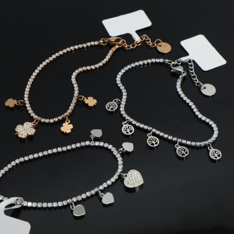 Fashion Manufacture Wholesale China Factory Custom Jewelry Ajustable CZ Rose Gold Stainless Steel Heart Four-leaf clover Lucky Charm Bracelet Bangle For Women Gift