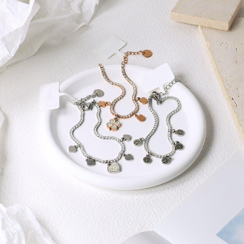 Fashion Manufacture Wholesale China Factory Custom Jewelry Ajustable CZ Rose Gold Stainless Steel Heart Four-leaf clover Lucky Charm Bracelet Bangle For Women Gift
