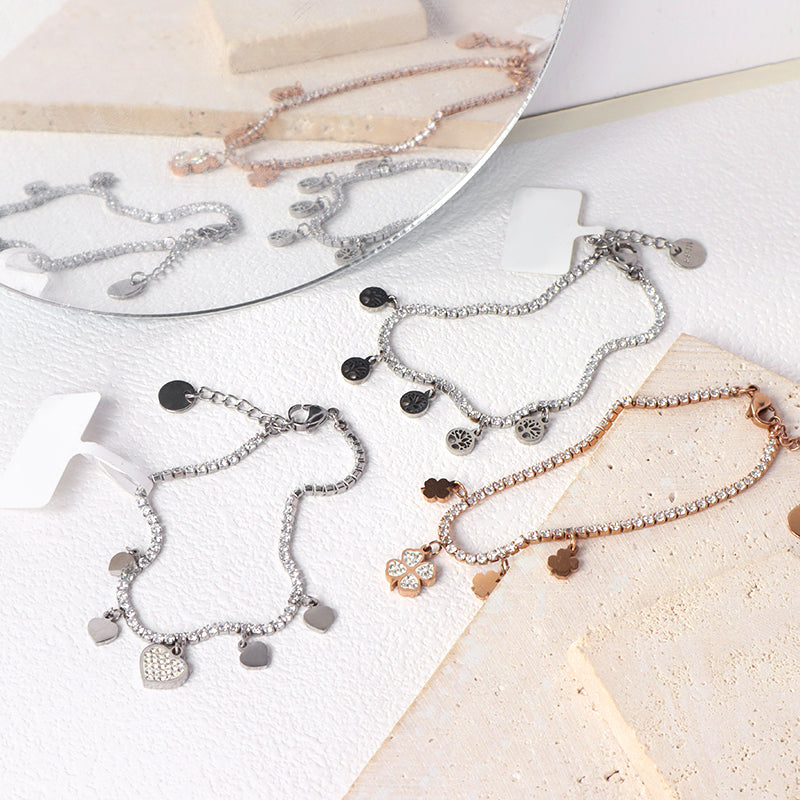 Fashion Manufacture Wholesale China Factory Custom Jewelry Ajustable CZ Rose Gold Stainless Steel Heart Four-leaf clover Lucky Charm Bracelet Bangle For Women Gift