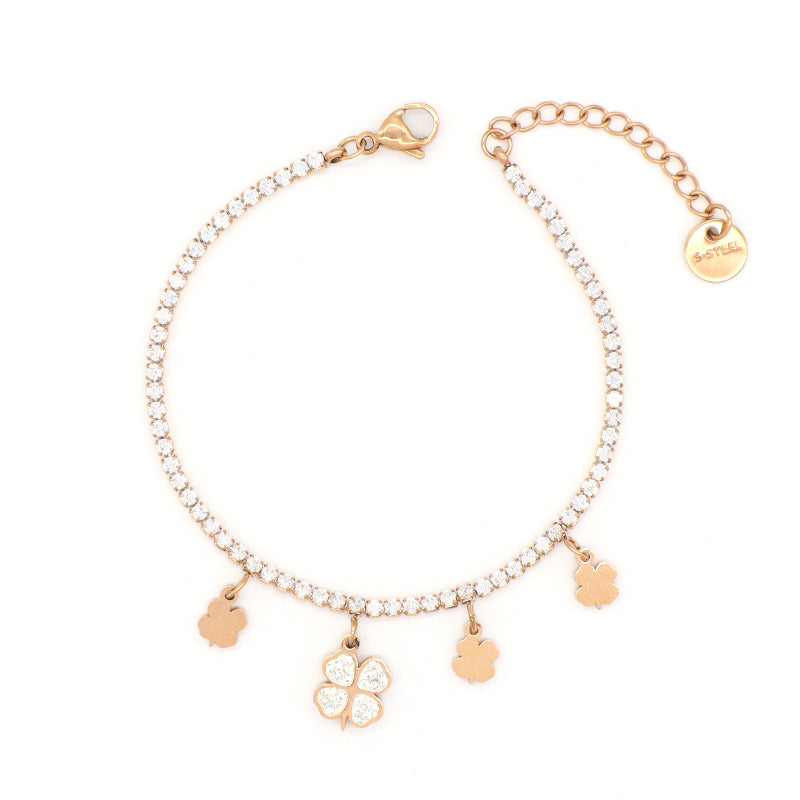 Fashion Manufacture Wholesale China Factory Custom Jewelry Ajustable CZ Rose Gold Stainless Steel Heart Four-leaf clover Lucky Charm Bracelet Bangle For Women Gift