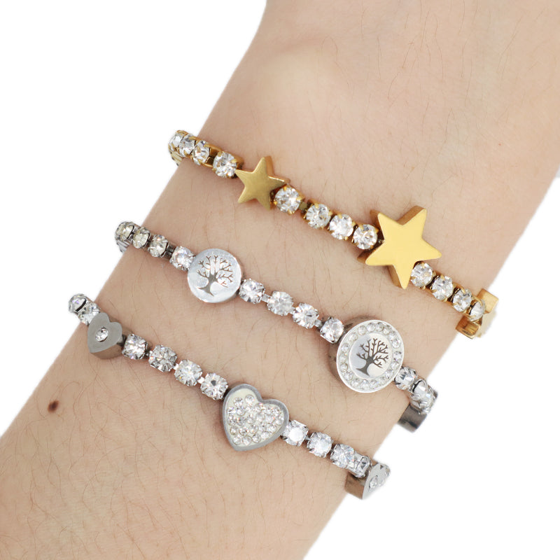 Ajustable Wholesale China Factory Manufacture Fashion Custom Jewelry Gift CZ Stainless Steel Gold Plated Star Life Tree Heart Charm Bracelet Bangle For Women