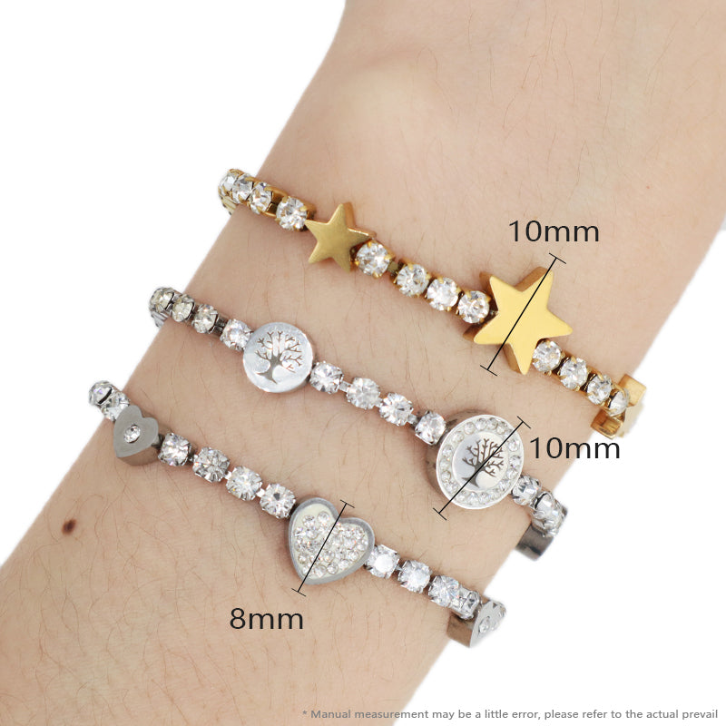 Ajustable Wholesale China Factory Manufacture Fashion Custom Jewelry Gift CZ Stainless Steel Gold Plated Star Life Tree Heart Charm Bracelet Bangle For Women