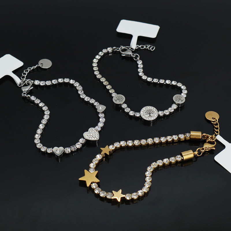 Ajustable Wholesale China Factory Manufacture Fashion Custom Jewelry Gift CZ Stainless Steel Gold Plated Star Life Tree Heart Charm Bracelet Bangle For Women