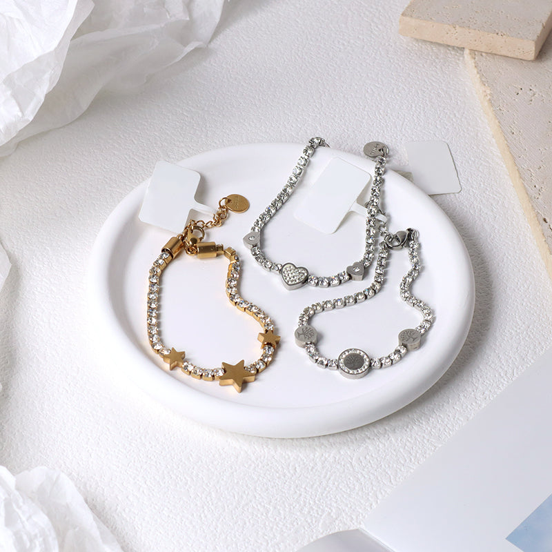 Ajustable Wholesale China Factory Manufacture Fashion Custom Jewelry Gift CZ Stainless Steel Gold Plated Star Life Tree Heart Charm Bracelet Bangle For Women
