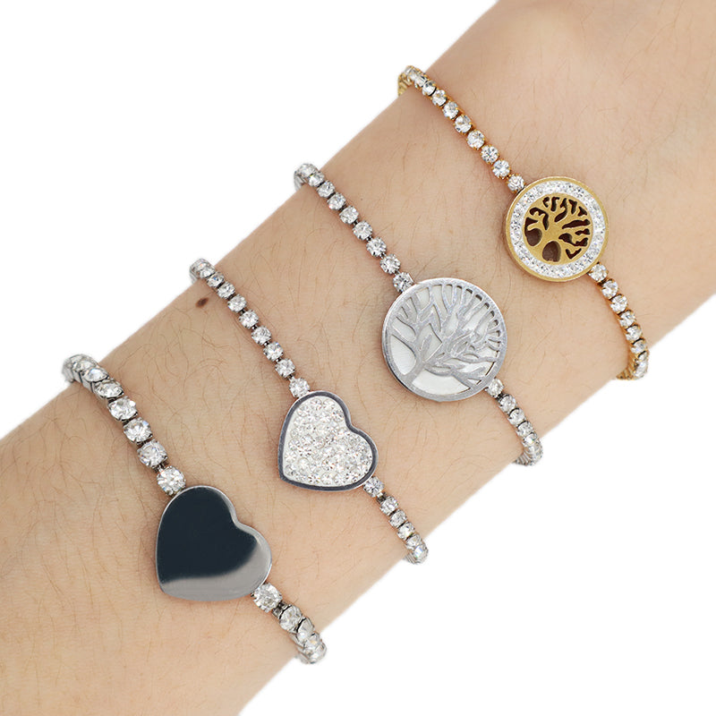 Good Qualilty China Factory Wholesale Manufacture Fashion Custom Jewelry Women Ajustable CZ Gold Plated Stainless Steel Life Tree Heart Charm Bracelet Bangle For Gift