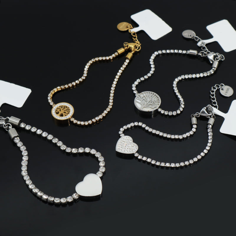 Good Qualilty China Factory Wholesale Manufacture Fashion Custom Jewelry Women Ajustable CZ Gold Plated Stainless Steel Life Tree Heart Charm Bracelet Bangle For Gift