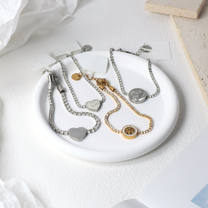 Good Qualilty China Factory Wholesale Manufacture Fashion Custom Jewelry Women Ajustable CZ Gold Plated Stainless Steel Life Tree Heart Charm Bracelet Bangle For Gift