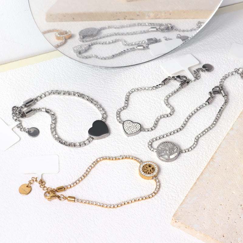 Good Qualilty China Factory Wholesale Manufacture Fashion Custom Jewelry Women Ajustable CZ Gold Plated Stainless Steel Life Tree Heart Charm Bracelet Bangle For Gift