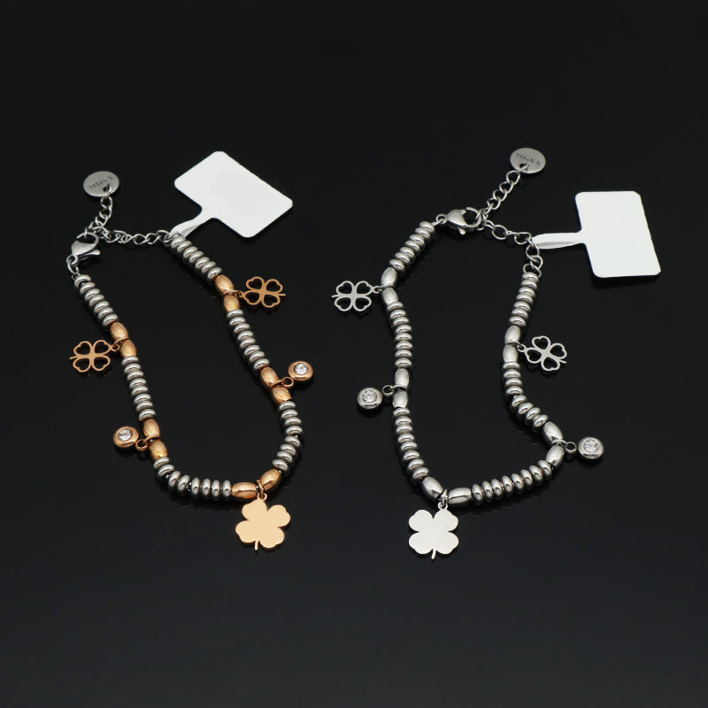 China Factory Wholesale Trendy Custom Manufacture Charm Bracelet Jewelry Ajustable CZ Rose Gold Four Leaf Clover Stainless Steel Cuff Bangle For Gift Women