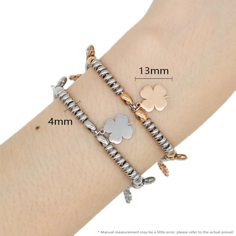 China Factory Wholesale Trendy Custom Manufacture Charm Bracelet Jewelry Ajustable CZ Rose Gold Four Leaf Clover Stainless Steel Cuff Bangle For Gift Women