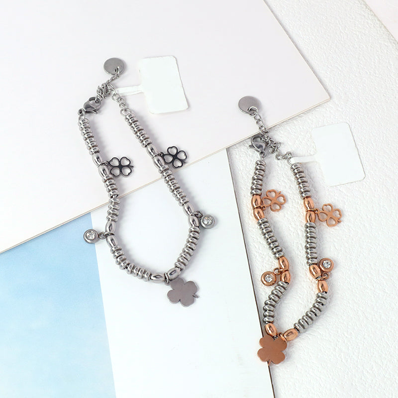 China Factory Wholesale Trendy Custom Manufacture Charm Bracelet Jewelry Ajustable CZ Rose Gold Four Leaf Clover Stainless Steel Cuff Bangle For Gift Women