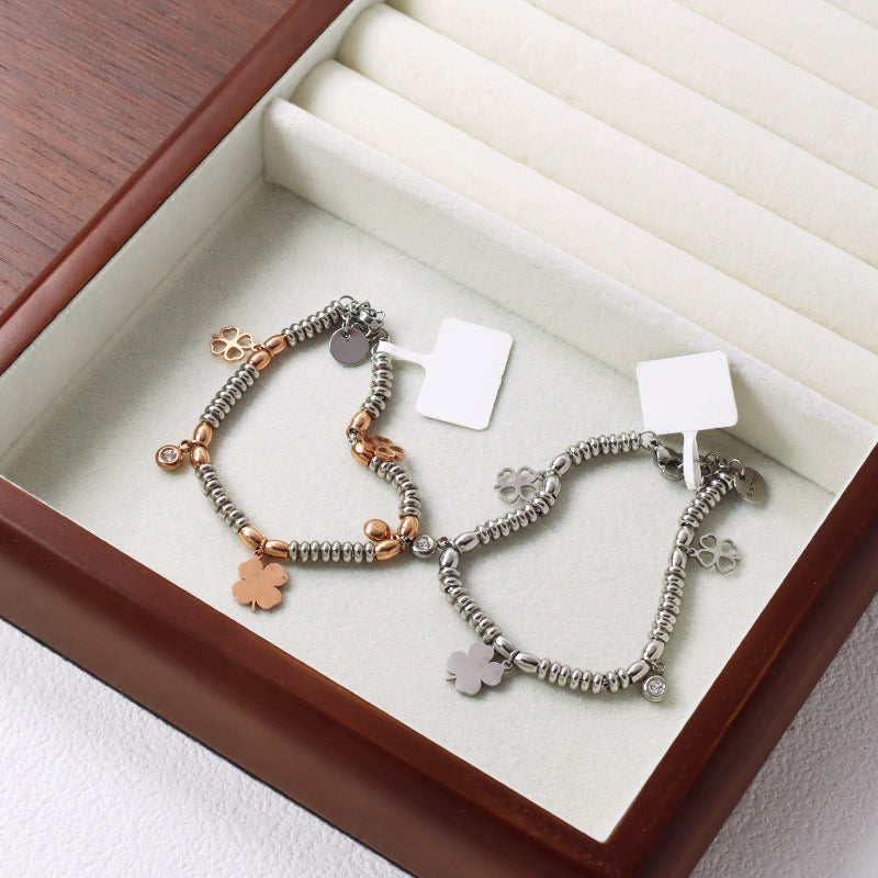 China Factory Wholesale Trendy Custom Manufacture Charm Bracelet Jewelry Ajustable CZ Rose Gold Four Leaf Clover Stainless Steel Cuff Bangle For Gift Women