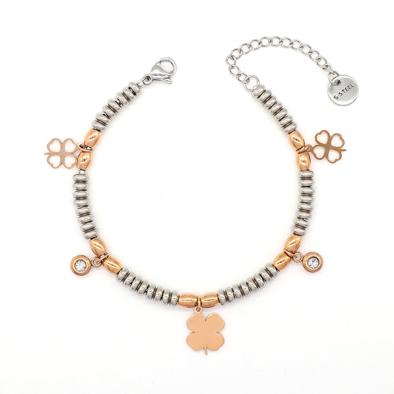 China Factory Wholesale Trendy Custom Manufacture Charm Bracelet Jewelry Ajustable CZ Rose Gold Four Leaf Clover Stainless Steel Cuff Bangle For Gift Women