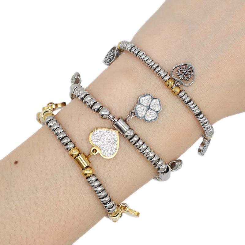 Fashionable New Wholesale Customized Manufacture China Factory Flower Love Heart Tree Charm Bracelet Jewelry Ajustable CZ Women Gift Gold Plated Love Heart Stainless Steel Cuff Bangle