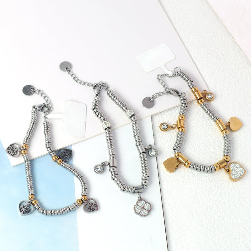 Fashionable New Wholesale Customized Manufacture China Factory Flower Love Heart Tree Charm Bracelet Jewelry Ajustable CZ Women Gift Gold Plated Love Heart Stainless Steel Cuff Bangle