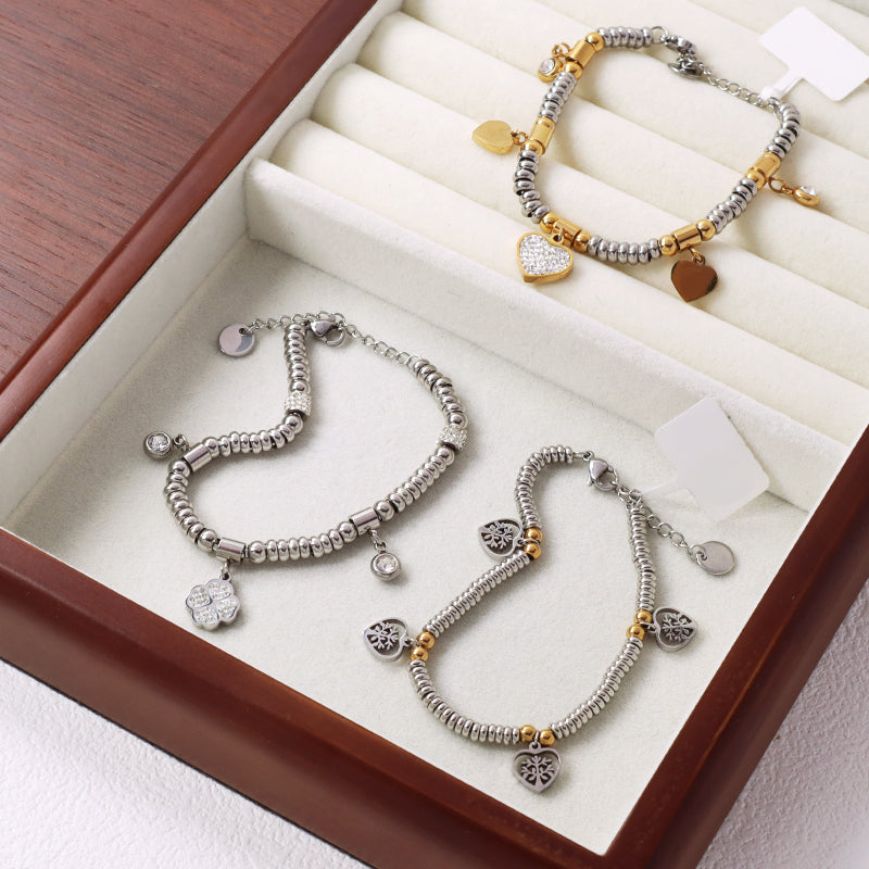 Fashionable New Wholesale Customized Manufacture China Factory Flower Love Heart Tree Charm Bracelet Jewelry Ajustable CZ Women Gift Gold Plated Love Heart Stainless Steel Cuff Bangle