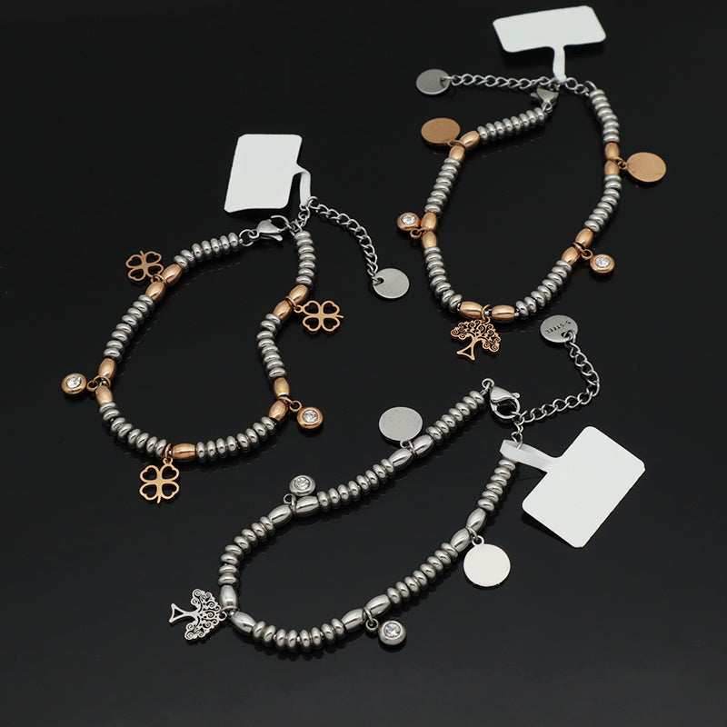 Custom Wholesale Fashionable Manufacture China Factory Bracelet Jewelry Ajustable CZ Gift Women Rose Gold Four Leaf Clover Life Tree Charm Stainless Steel Cuff Bangle