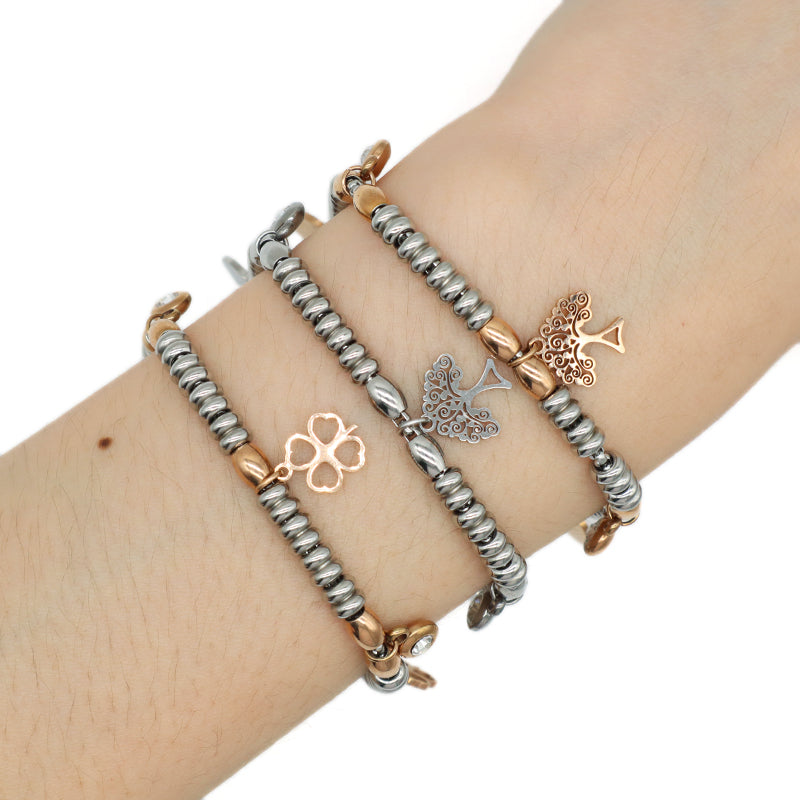 Custom Wholesale Fashionable Manufacture China Factory Bracelet Jewelry Ajustable CZ Gift Women Rose Gold Four Leaf Clover Life Tree Charm Stainless Steel Cuff Bangle