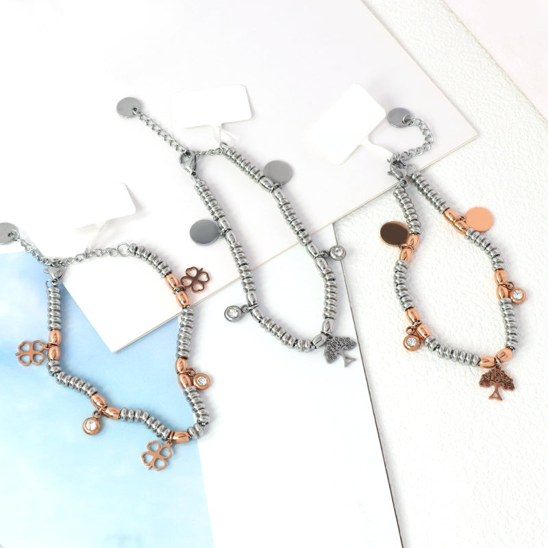 Custom Wholesale Fashionable Manufacture China Factory Bracelet Jewelry Ajustable CZ Gift Women Rose Gold Four Leaf Clover Life Tree Charm Stainless Steel Cuff Bangle