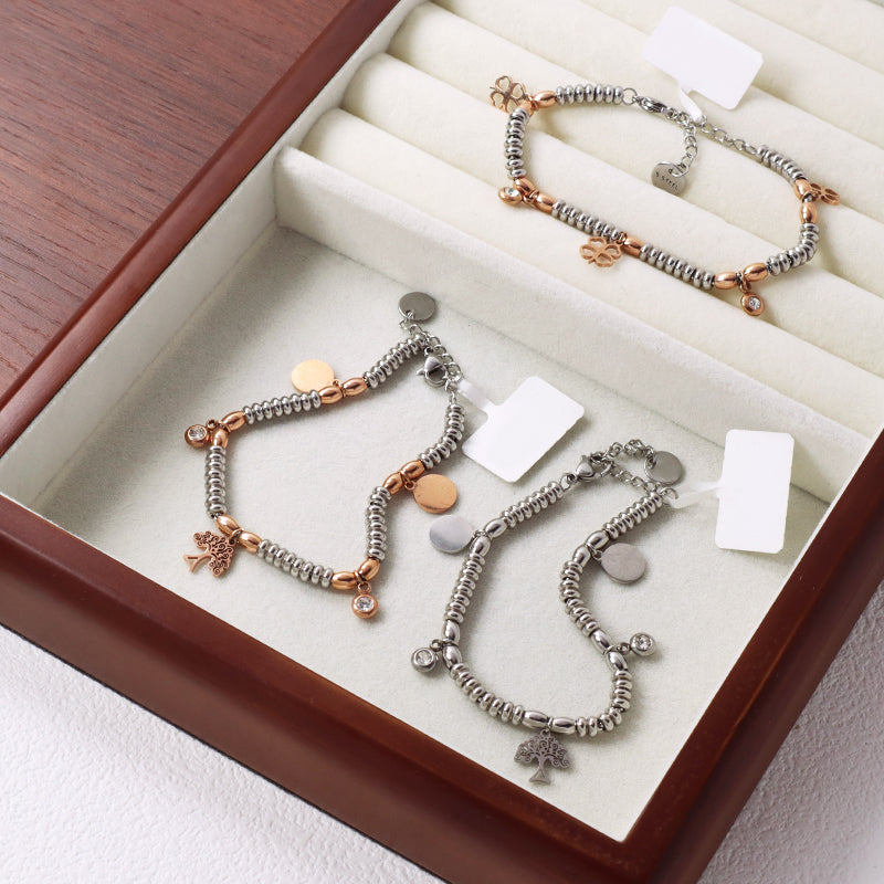 Custom Wholesale Fashionable Manufacture China Factory Bracelet Jewelry Ajustable CZ Gift Women Rose Gold Four Leaf Clover Life Tree Charm Stainless Steel Cuff Bangle