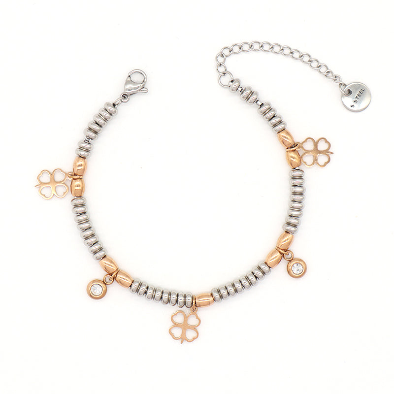 Custom Wholesale Fashionable Manufacture China Factory Bracelet Jewelry Ajustable CZ Gift Women Rose Gold Four Leaf Clover Life Tree Charm Stainless Steel Cuff Bangle