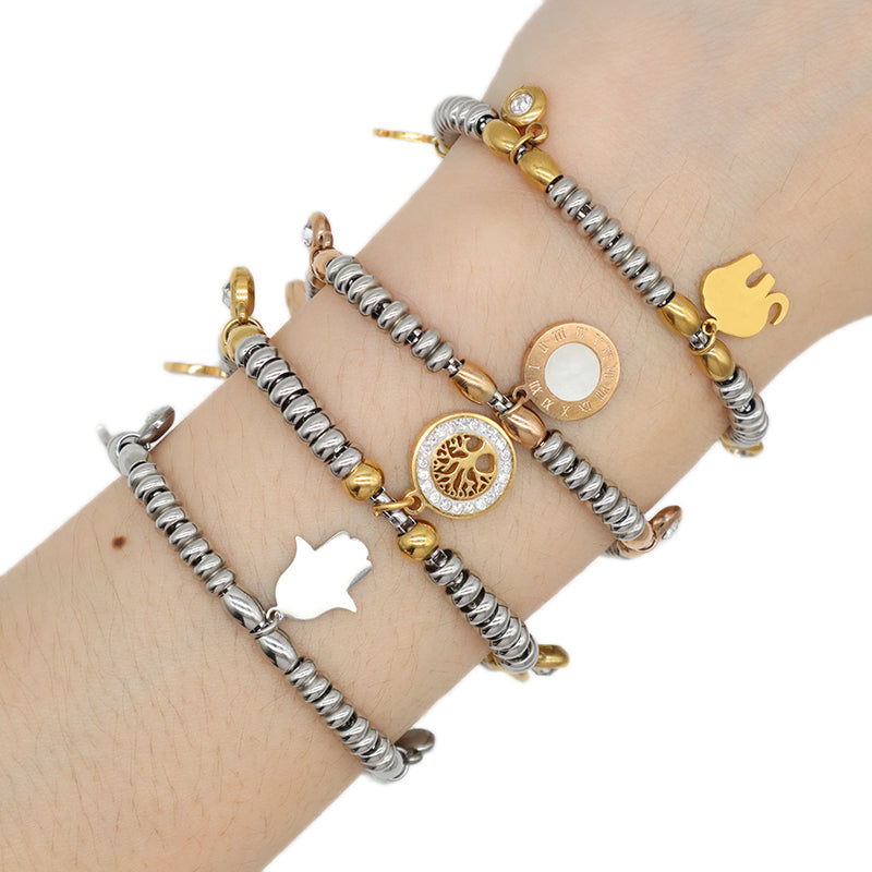Custom Wholesale Fashionable Manufacture China Factory Elephant Charm Bracelet Jewelry Ajustable CZ Women Gold Plated Roman Numerals Elephant Life Tree Hand Stainless Steel Cuff Bangle For Gift Women