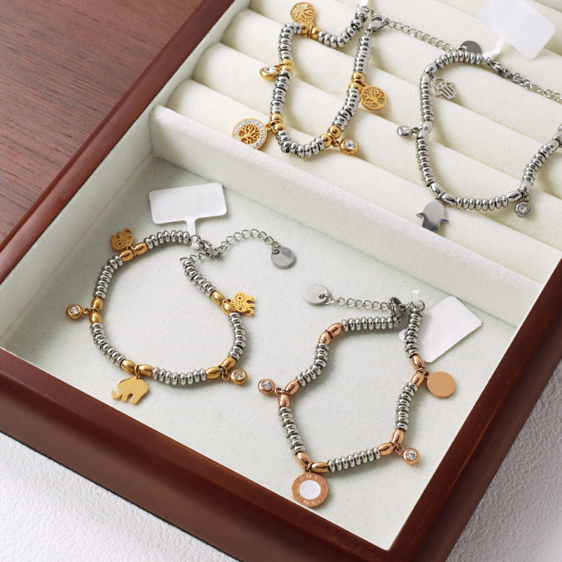 Custom Wholesale Fashionable Manufacture China Factory Elephant Charm Bracelet Jewelry Ajustable CZ Women Gold Plated Roman Numerals Elephant Life Tree Hand Stainless Steel Cuff Bangle For Gift Women
