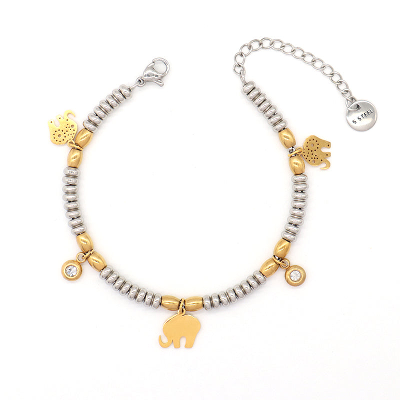 Custom Wholesale Fashionable Manufacture China Factory Elephant Charm Bracelet Jewelry Ajustable CZ Women Gold Plated Roman Numerals Elephant Life Tree Hand Stainless Steel Cuff Bangle For Gift Women
