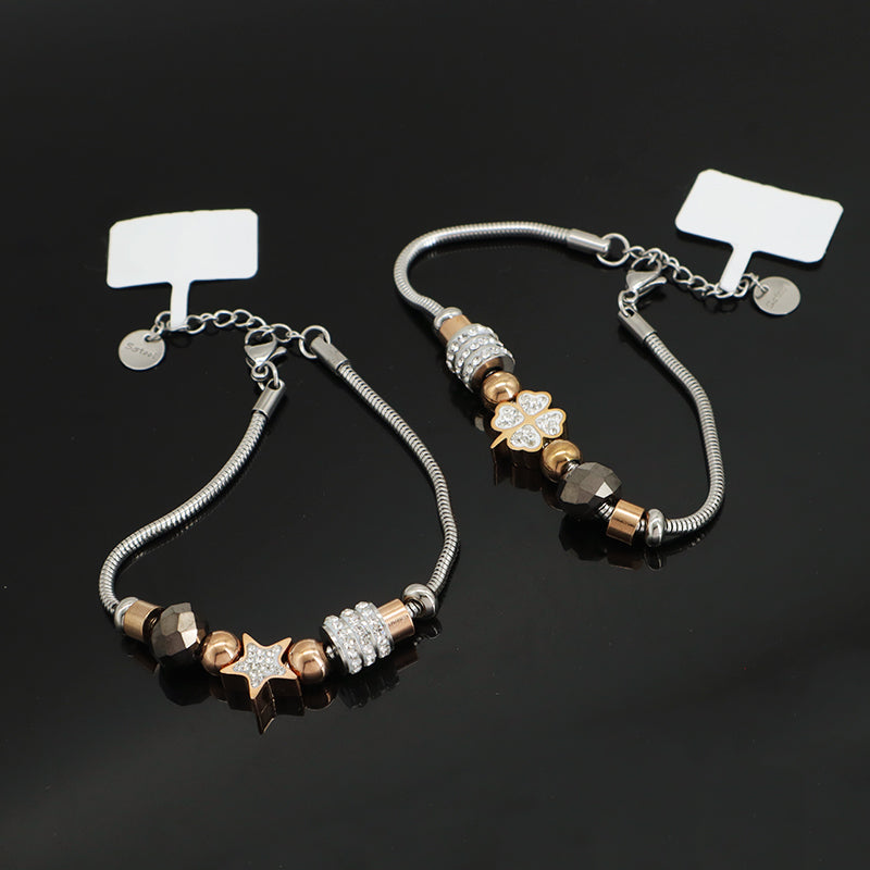 Newest Fashion Design Wholesale China Factory Manufacture Star Charm Bangle Custom Ajustable CZ No Tarnish Stainless Steel Star Four-leaf Clover Bracelet For Women Jewelry