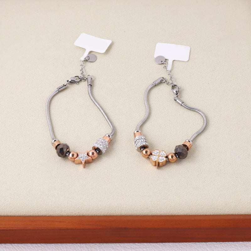 Newest Fashion Design Wholesale China Factory Manufacture Star Charm Bangle Custom Ajustable CZ No Tarnish Stainless Steel Star Four-leaf Clover Bracelet For Women Jewelry