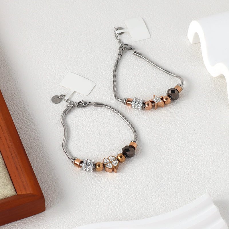 Newest Fashion Design Wholesale China Factory Manufacture Star Charm Bangle Custom Ajustable CZ No Tarnish Stainless Steel Star Four-leaf Clover Bracelet For Women Jewelry