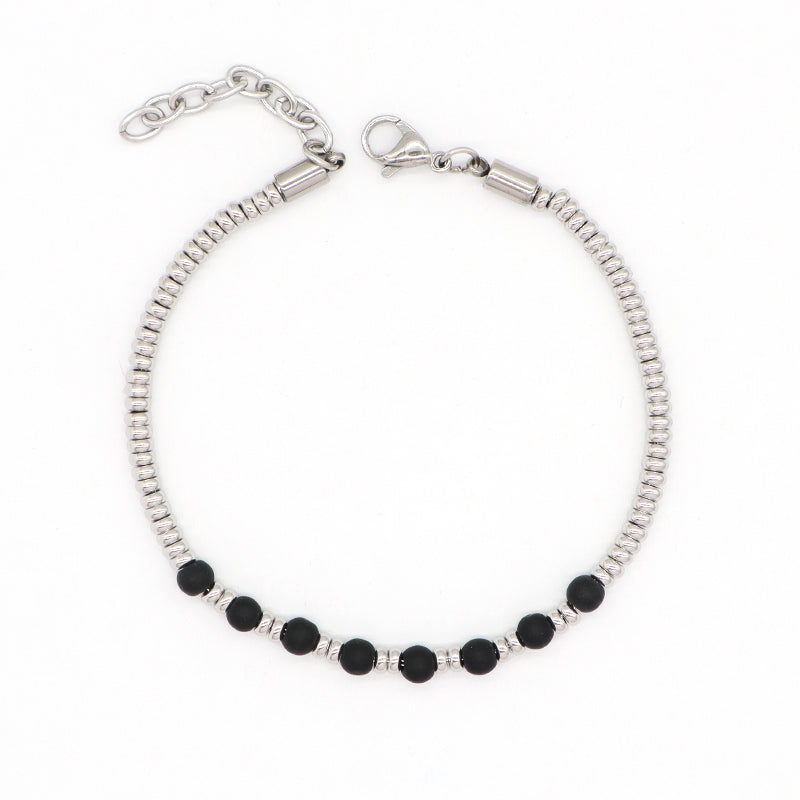 Customized Wholesale China Factory Manufacture Fashionable Women Bangle Jewelry Gift No Tarnish Ajustable Black Beads Charm Stainless Steel Bracelet