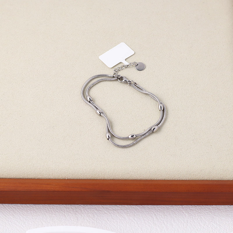 Double Layer New Fashion Wholesale Jewelry China Factory Manufacture Custom Ajustable CZ No Tarnish Stainless Steel Beads Charm Bangle Bracelet For Women