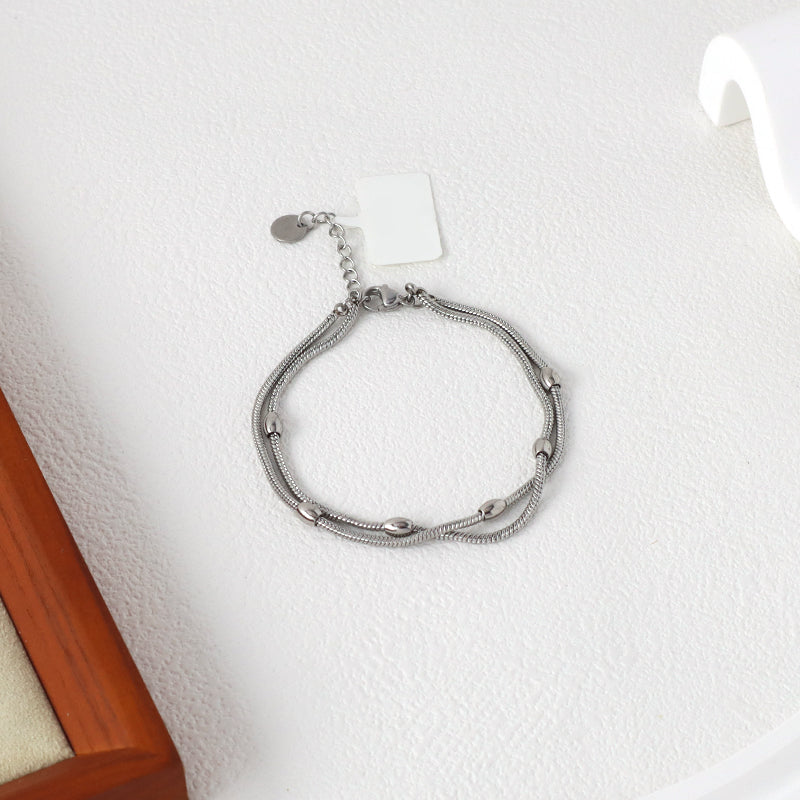 Double Layer New Fashion Wholesale Jewelry China Factory Manufacture Custom Ajustable CZ No Tarnish Stainless Steel Beads Charm Bangle Bracelet For Women