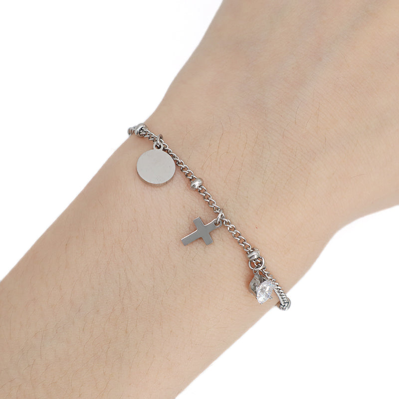 Custom Women Jewelry Wholesale China Factory Manufacture Fashion Ajustable CZ No Tarnish Stainless Steel Cross Charm Bracelet Bangle For Gift
