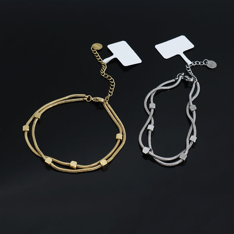 New Arrival Wholesale Fashion Jewelry Double Layer China Factory Manufacture Custom Ajustable Women CZ Gold Plated Stainless Steel Beads Charm Bangle Bracelet