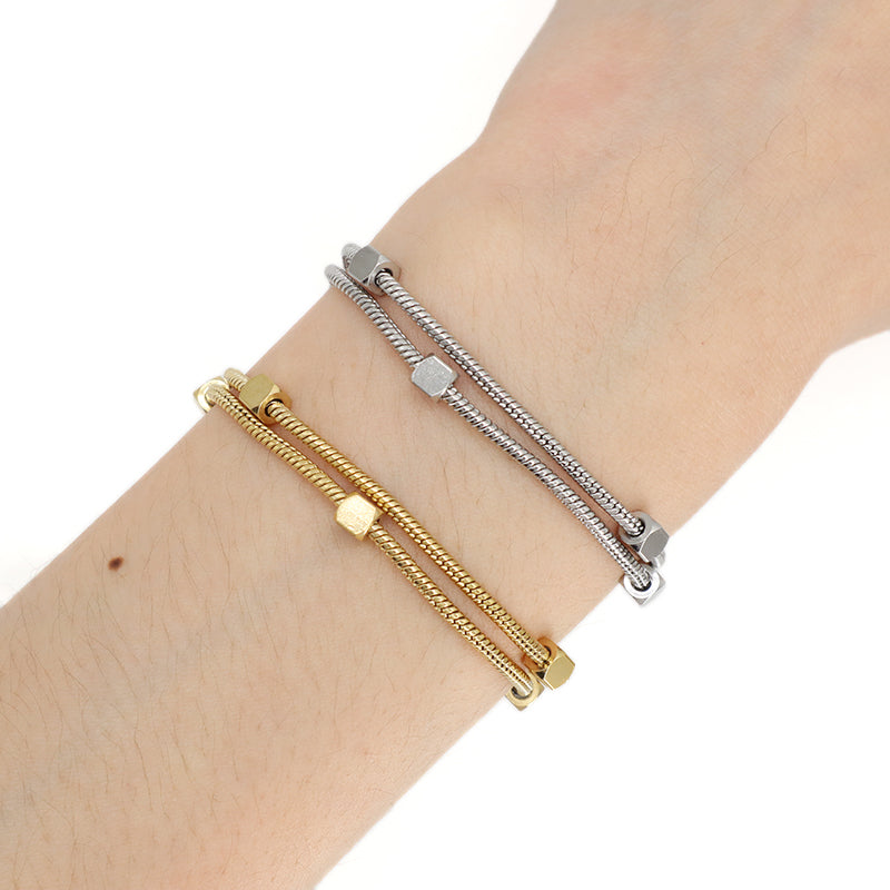 New Arrival Wholesale Fashion Jewelry Double Layer China Factory Manufacture Custom Ajustable Women CZ Gold Plated Stainless Steel Beads Charm Bangle Bracelet