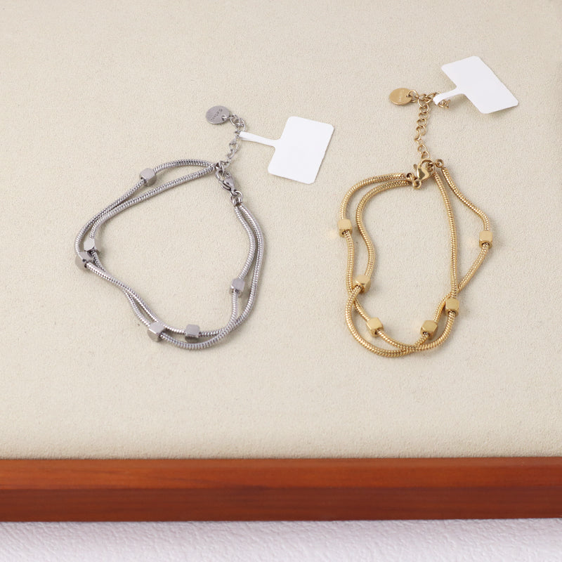 New Arrival Wholesale Fashion Jewelry Double Layer China Factory Manufacture Custom Ajustable Women CZ Gold Plated Stainless Steel Beads Charm Bangle Bracelet