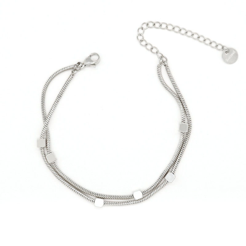 New Arrival Wholesale Fashion Jewelry Double Layer China Factory Manufacture Custom Ajustable Women CZ Gold Plated Stainless Steel Beads Charm Bangle Bracelet
