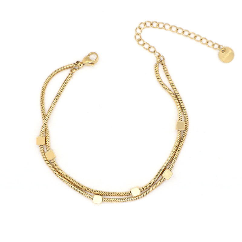 New Arrival Wholesale Fashion Jewelry Double Layer China Factory Manufacture Custom Ajustable Women CZ Gold Plated Stainless Steel Beads Charm Bangle Bracelet