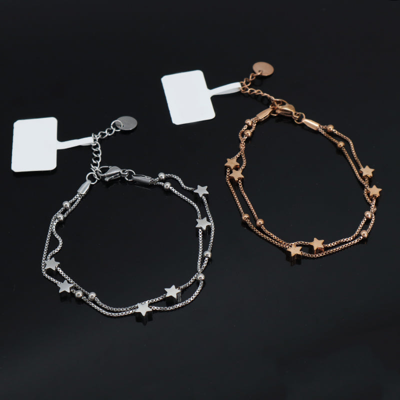 New Bulk Sale Fashion Jewelry China Factory Manufacture Custom Ajustable Women Bangle Rose Plated Stainless Steel Double Layer Star Charm Bracelet