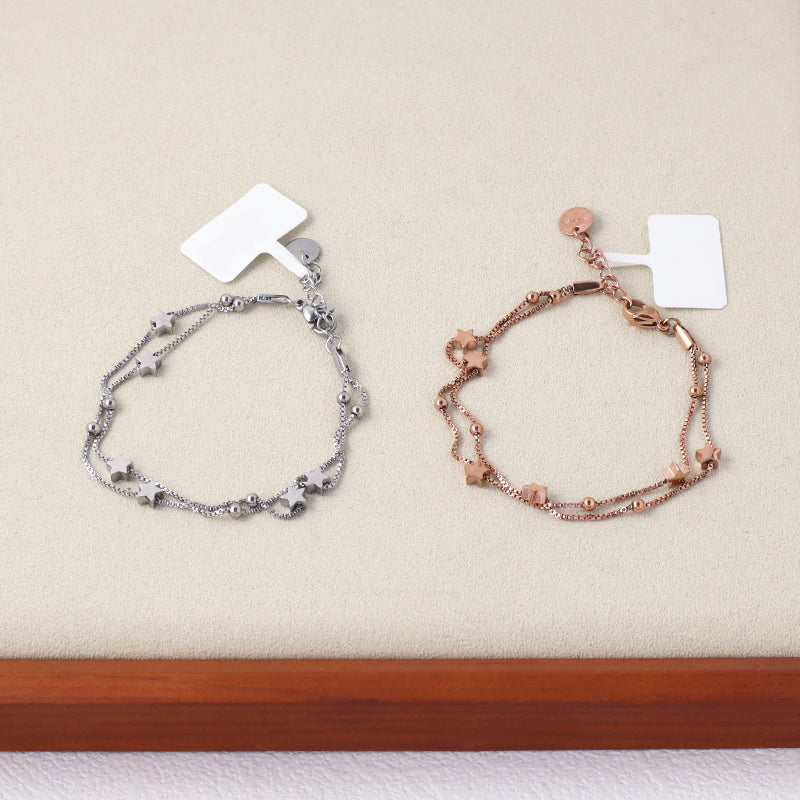 New Bulk Sale Fashion Jewelry China Factory Manufacture Custom Ajustable Women Bangle Rose Plated Stainless Steel Double Layer Star Charm Bracelet