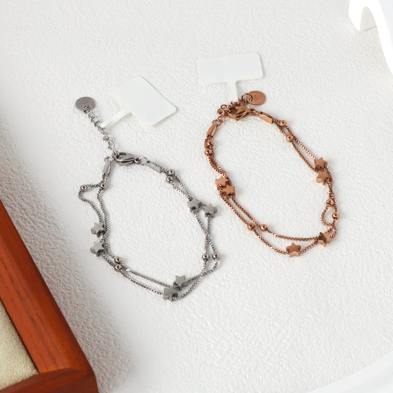 New Bulk Sale Fashion Jewelry China Factory Manufacture Custom Ajustable Women Bangle Rose Plated Stainless Steel Double Layer Star Charm Bracelet