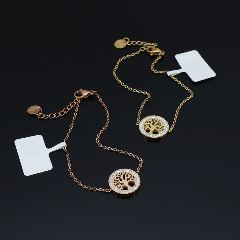 New Hot Selling Wholesale Manufacture Custom Factory Fashion Women Jewelry Ajustable Gold Plated Rose Gold Stainless Steel Micro Pave CZ Life Tree Bangle Bracelet