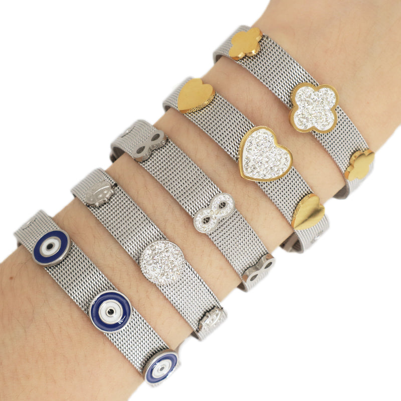Wholesale Women Customized Jewelry Ajustable CZ No Tarnish Heart Flower Blue Evil Eyes Charm Stainless Steel Bracelet Bangle